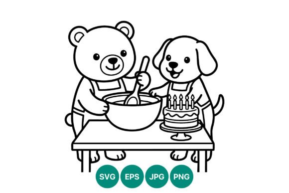 Bear and Dog Baking Birthday Cake