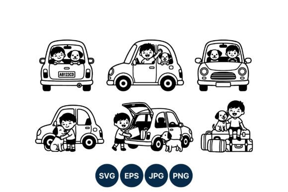 Boy and Dog Car Journey Line Art