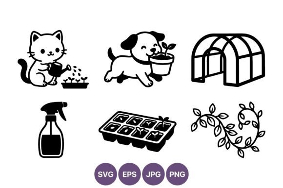 Cat and Dog Gardening Icons Black and