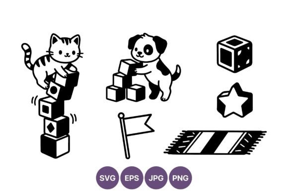 Cat and Dog Playing with Blocks Vector