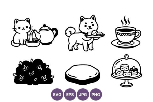 Cat Dog Tea Set Line Art