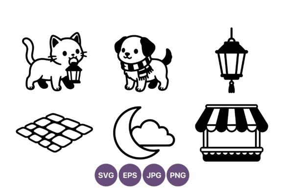 Cat Lantern Dog Scarf Moon Vector Icons