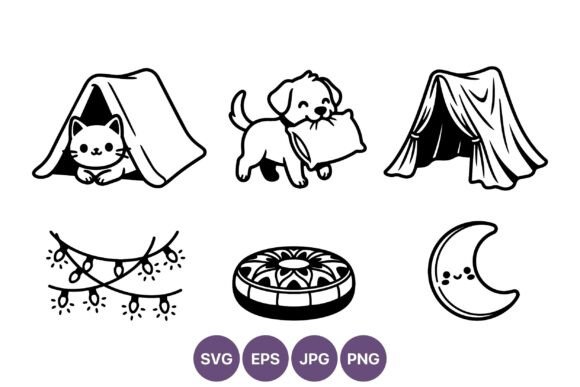 Cute Cat Tent Dog Pillow Camping Vector