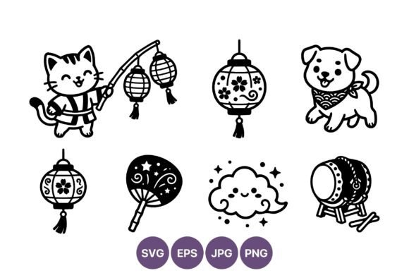 Cute Cat with Lanterns and Dog Vector