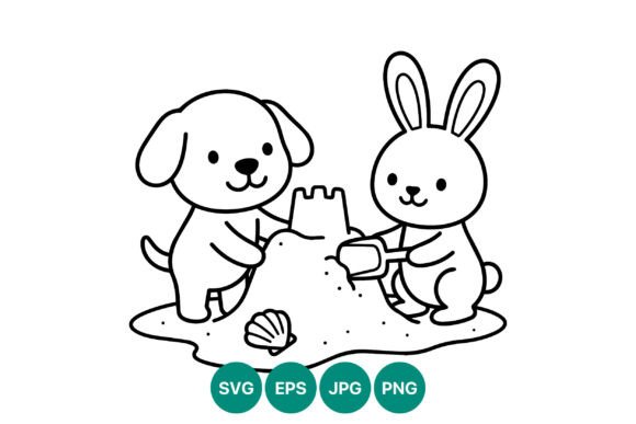 Cute Dog and Rabbit Build Sandcastle