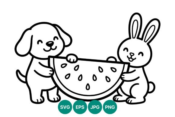 Cute Dog and Rabbit Holding Watermelon