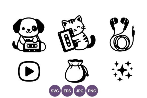 Cute Dog Cat Cassette Music Icons