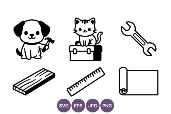 Cute Dog with Hammer and Cat on Toolbox