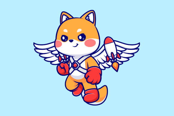 Cute Shiba Inu Dog with Wings and Rocket