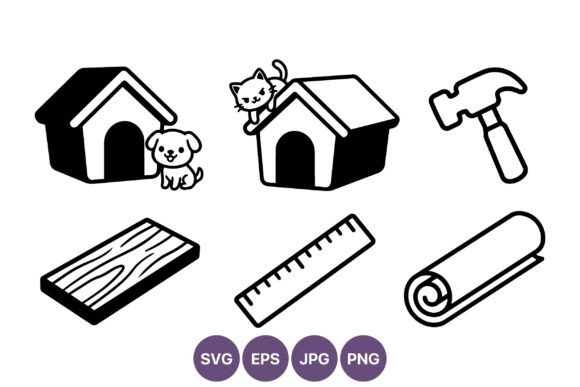 Dog and Cat Houses Line Art with Tools
