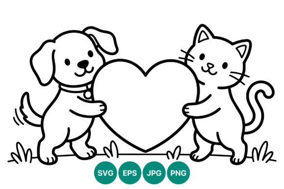 Dog Cat Holding Heart Line Art
