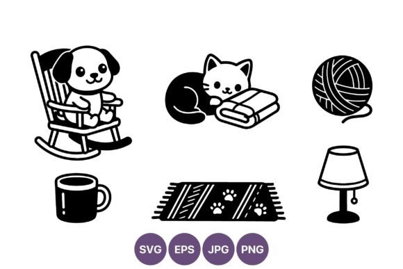 Dog Rocking Chair and Cat Blanket Vector
