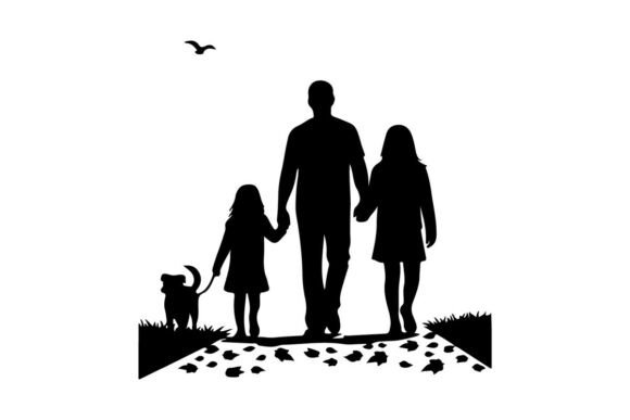 Family Walking Dog Autumn Leaves Vector