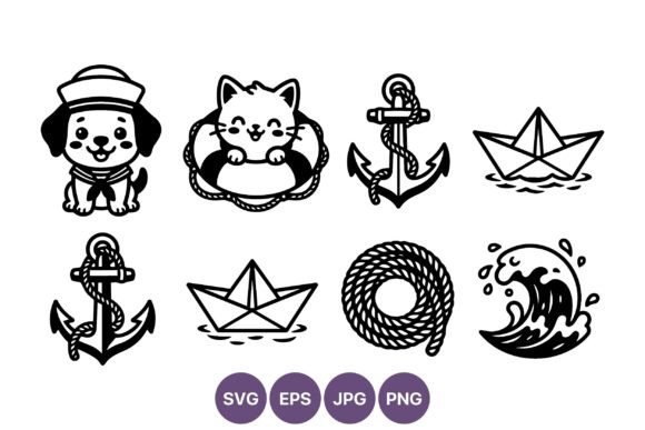 Nautical Dog Cat Paper Boat Anchor Icons