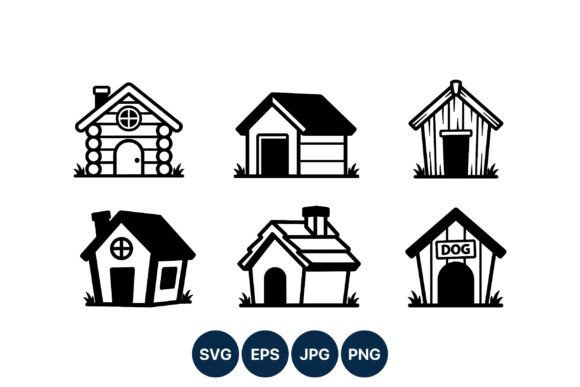 Six Black White Dog Houses Vector Art